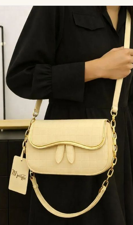 Beige Leather Shoulder Bag with Chain Strap for Girls