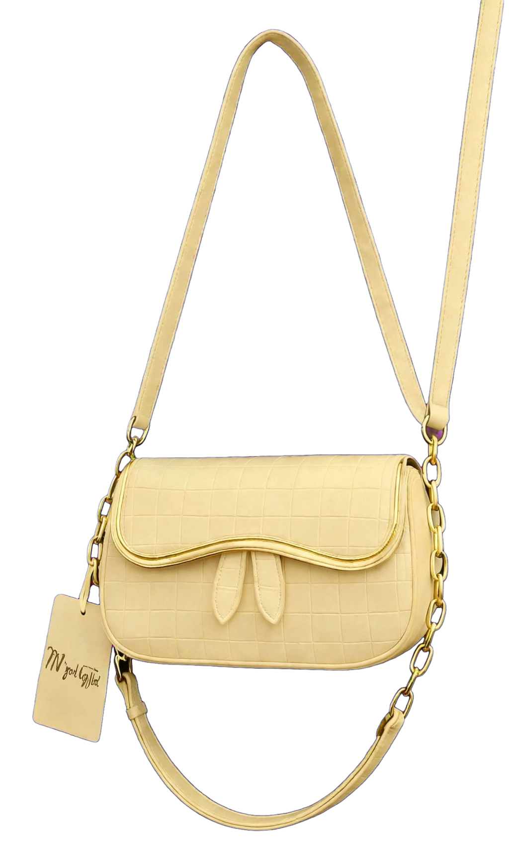 Beige Leather Shoulder Bag with Chain Strap for Girls