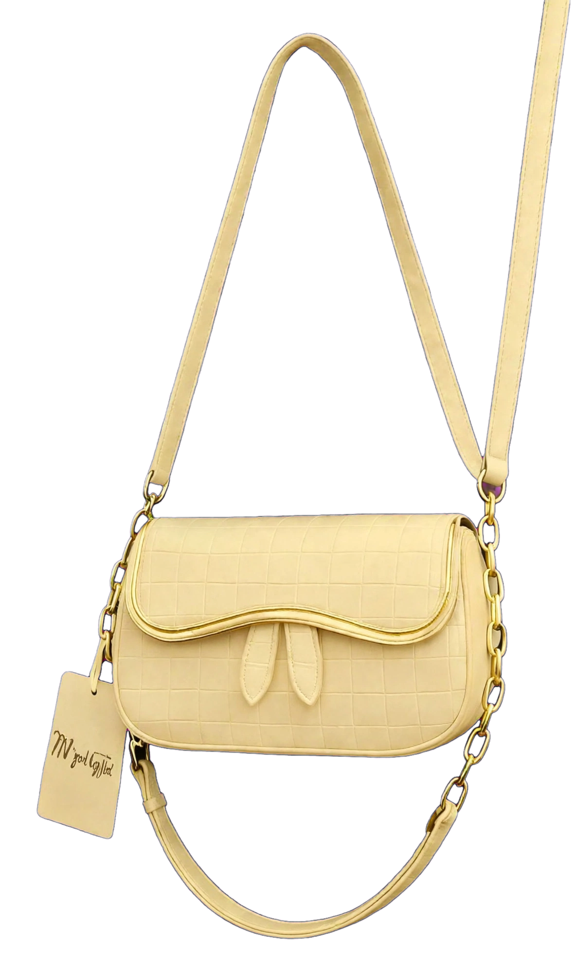Beige Leather Shoulder Bag with Chain Strap for Girls
