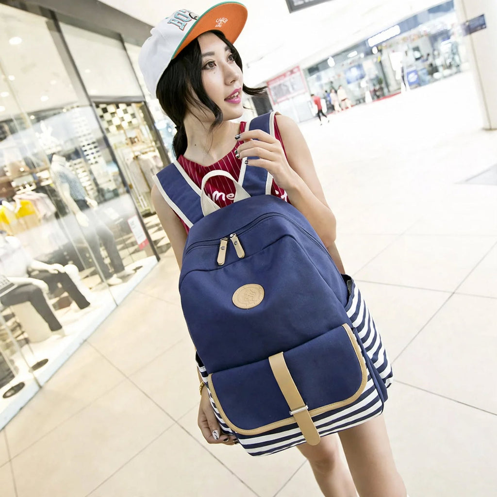 Blue Canvas Girls School Backpack with Stripes