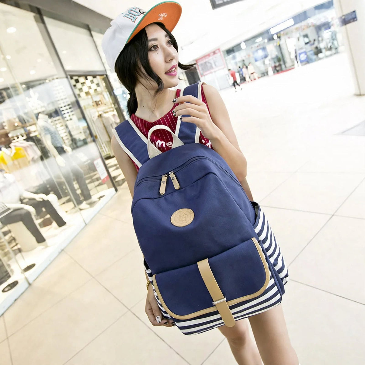 Blue Canvas Girls School Backpack with Stripes