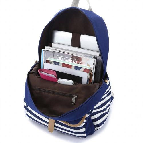 Blue Canvas Girls School Backpack with Stripes